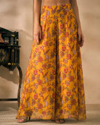 Yellow Floral Printed Chiffon Peplum Top & Palazzo With Dupatta Indo Western Women 3 Piece Set