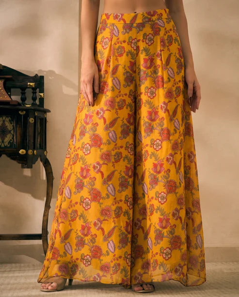 Yellow Floral Printed Chiffon Peplum Top & Palazzo With Dupatta Indo Western Women 3 Piece Set