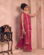 Magenta Floral Print Chiffon Kurta & Palazzo With Dupatta Indo Western Women 3 Piece Set