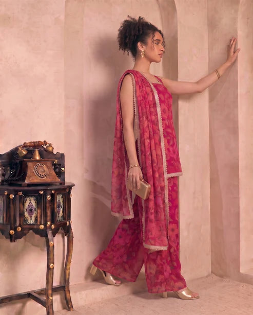 Magenta Floral Print Chiffon Kurta & Palazzo With Dupatta Indo Western Women 3 Piece Set