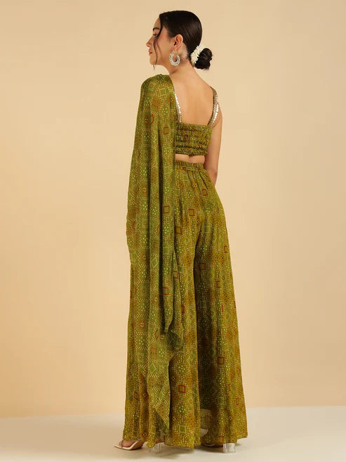 Olive Green Bandhani Printed Crop Top With Sharara Saree Fusion Co-Ord Set