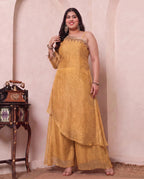 Golden Shimmer Crushed Butti Work One Shoulder Tunic With Palazzo Plus Size Indo Western Women Co-ord Set