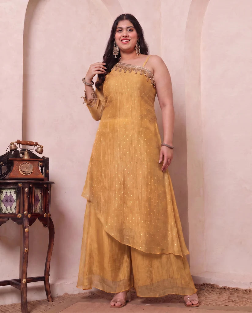 Golden Shimmer Crushed Butti Work One Shoulder Tunic With Palazzo Plus Size Indo Western Women Co-ord Set