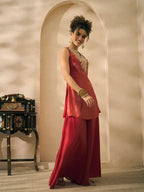 Red Lurex V- Neck Embroidered Neck Patch Kurta With Palazzo With Dupatta Indo Western 3 Piece Women Set