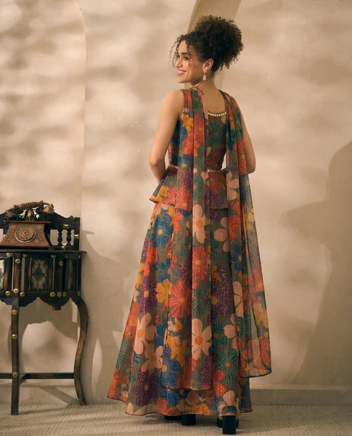 Multicolor Floral Printed Chiffon Corset Top & Palazzo With Dupatta Women 3 Piece Set
