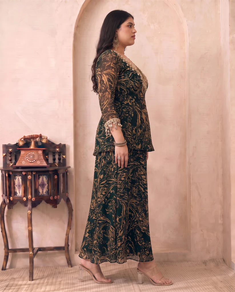 Black & Beige Printed Chiffon Deep Neck Kurta With Palazzo & Bustier Plus Size Indo Western Women 3 Piece Set