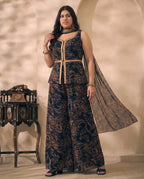 Black Abstract Printed Chiffon Corset Top & Palazzo With Dupatta Women's Plus Size 3 Piece Set