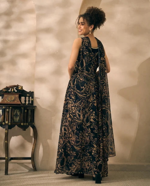 Black Abstract Printed Chiffon Corset Top & Palazzo With Dupatta Women 3 Piece Set