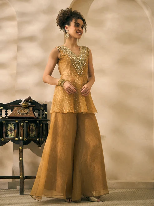 Shimmer Golden Butti Work Peplum Top And Palazzo With Dupatta Indo Western Women 3 Piece Set