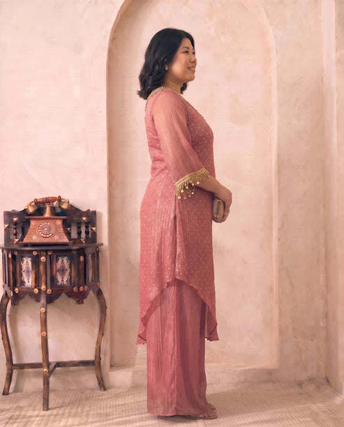 Pink Shimmer Crushed Butti Work One Shoulder Tunic With Palazzo Plus Size Indo Western Women Co-ord Set