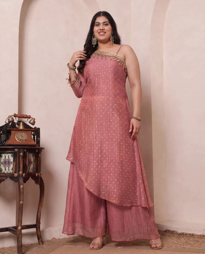 Pink Shimmer Crushed Butti Work One Shoulder Tunic With Palazzo Plus Size Indo Western Women Co-ord Set