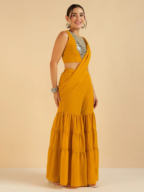 Mustard Embroidered Patch Crop Top With Tiered Palazzo Saree Fusion Co-Ord Set