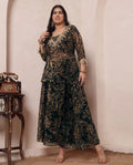 Black & Beige Printed Chiffon Deep Neck Kurta With Palazzo & Bustier Plus Size Indo Western Women 3 Piece Set