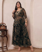 Black & Beige Printed Chiffon Deep Neck Kurta With Palazzo & Bustier Plus Size Indo Western Women 3 Piece Set