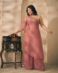 Pink Shimmer Crushed Butti Work One Shoulder Tunic With Palazzo Plus Size Indo Western Women Co-ord Set