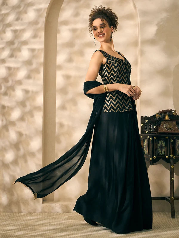 Scoop Neck Peplum Zigzag Embroidered Corset Top With Dhoti And Dupatta. Women Indo Western 3 Piece Set