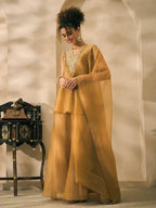 Shimmer Golden Butti Work Peplum Top And Palazzo With Dupatta Indo Western Women 3 Piece Set