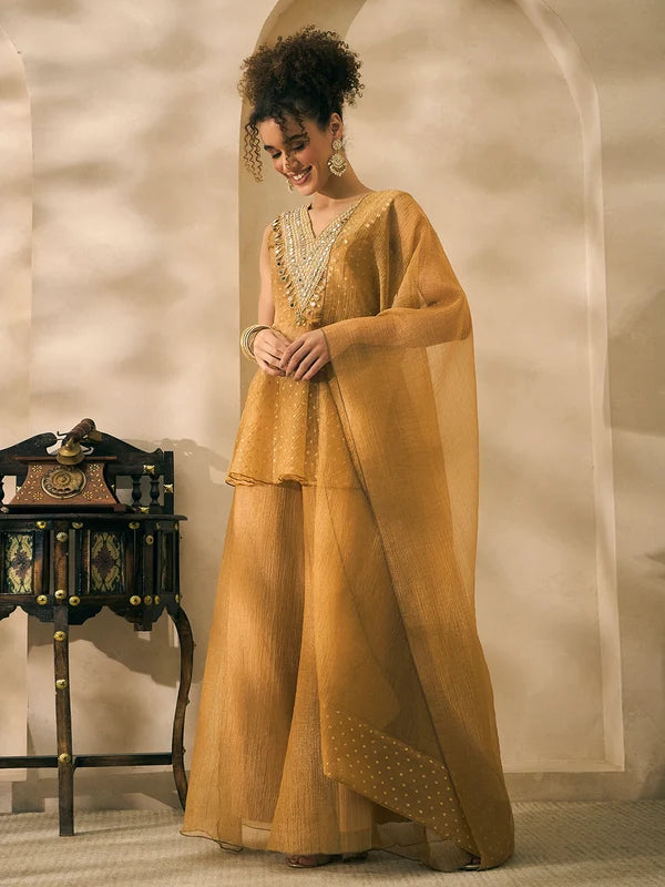Shimmer Golden Butti Work Peplum Top And Palazzo With Dupatta Indo Western Women 3 Piece Set
