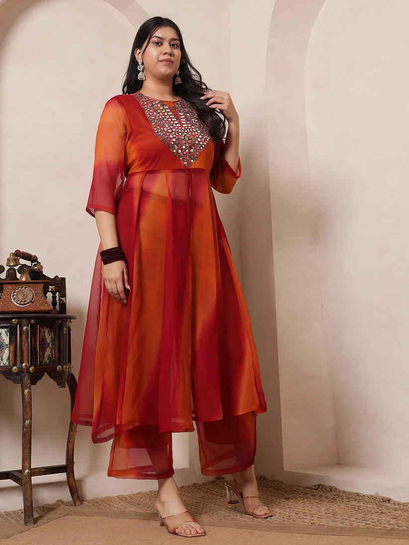 Multi Colour Embroidered Tunic & Palazzo Women Plus Size Fusion Co-Ord Set