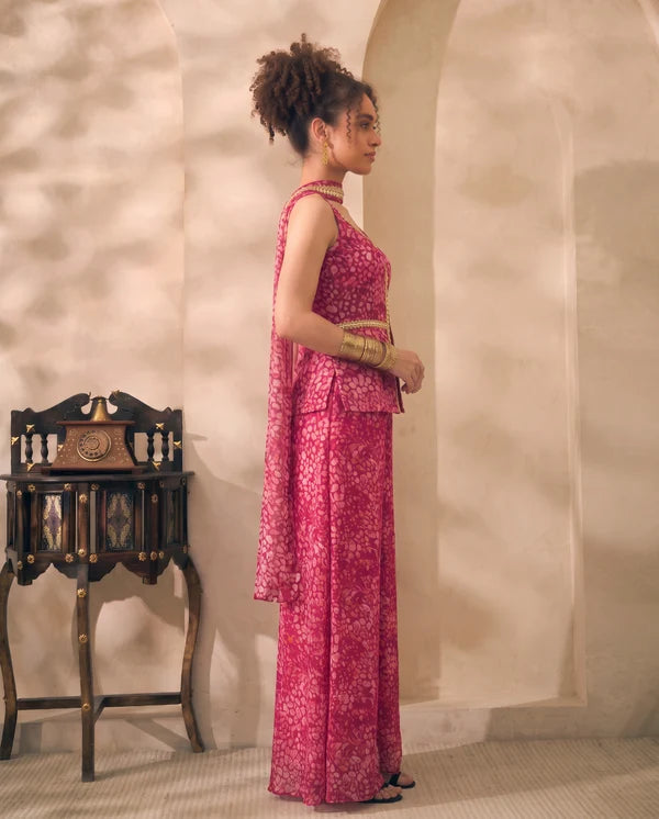 Magenta Floral Print Chiffon Corset Top & Palazzo With Dupatta Women 3 Piece Set