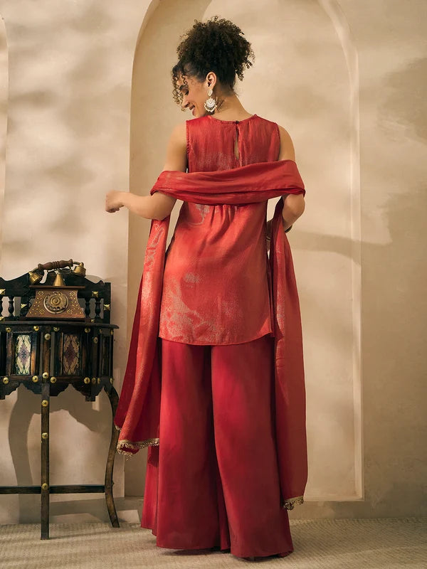 Red Lurex V- Neck Embroidered Neck Patch Kurta With Palazzo With Dupatta Indo Western 3 Piece Women Set