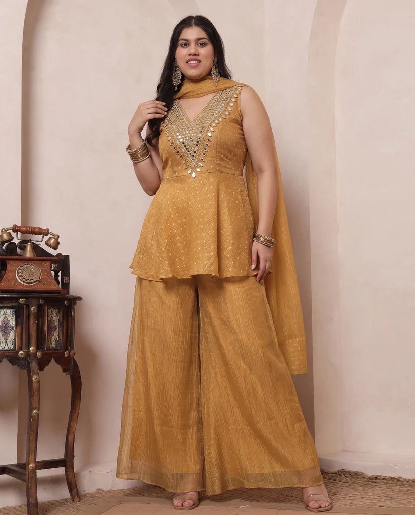Shimmer Golden Butti Work Peplum Top & Palazzo With Dupatta Indo Western Women's Plus Size 3 Piece Set