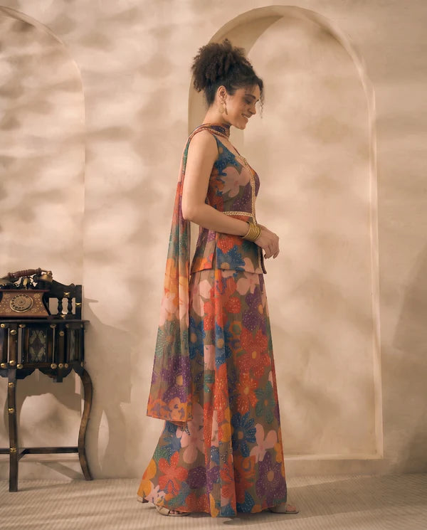 Multicolor Floral Printed Chiffon Corset Top & Palazzo With Dupatta Women 3 Piece Set