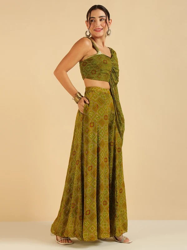 Olive Green Bandhani Printed Crop Top With Sharara Saree Fusion Co-Ord Set