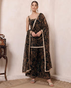 Black Abstract Printed Chiffon Kurta & Palazzo With Dupatta Indo Western Women 3 Piece Set