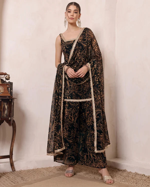 Black Abstract Printed Chiffon Kurta & Palazzo With Dupatta Indo Western Women 3 Piece Set