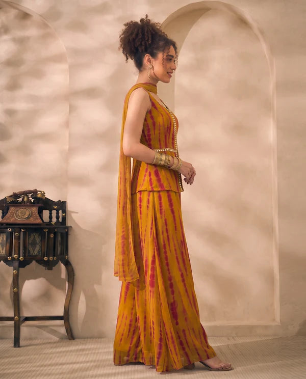 Olive Tie Dye Chiffon Corset Top & Palazzo With Dupatta Women 3 Piece Set