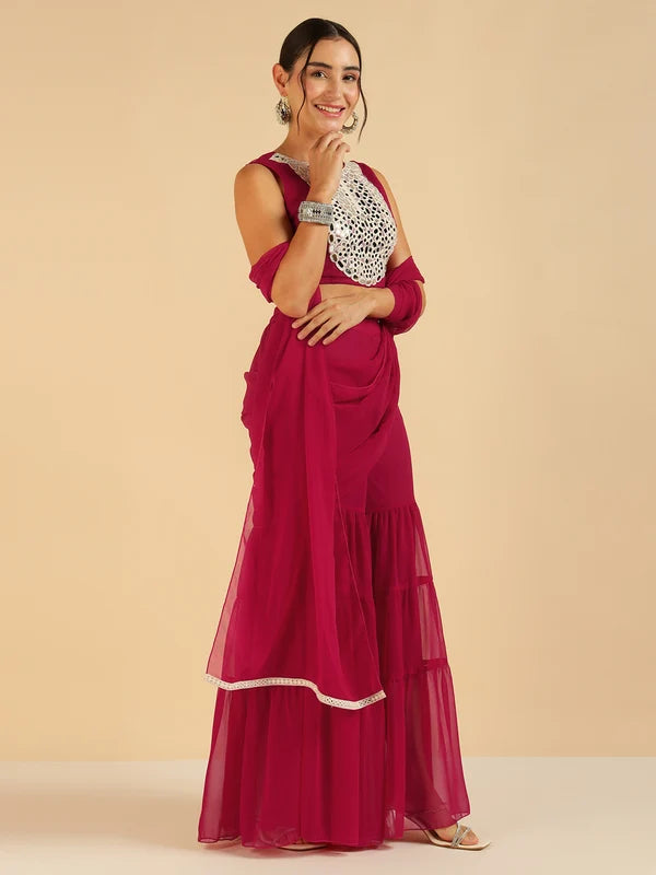 Fuchsia Embroidered Patch Crop Top With Tiered Palazzo Saree Fusion Women Co-Ord Set