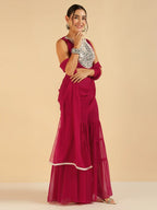 Fuchsia Embroidered Patch Crop Top With Tiered Palazzo Saree Fusion Women Co-Ord Set