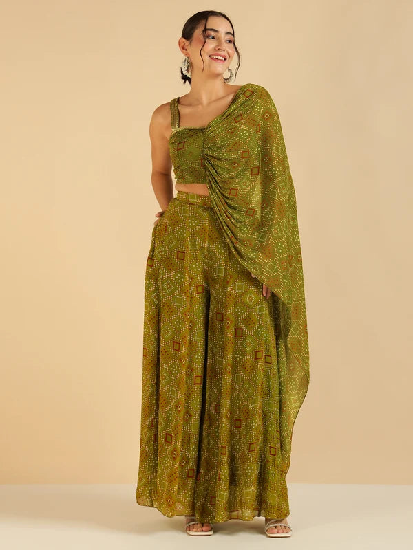Olive Green Bandhani Printed Crop Top With Sharara Saree Fusion Co-Ord Set