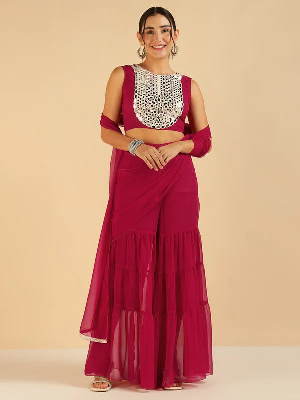 Fuchsia Embroidered Patch Crop Top With Tiered Palazzo Saree Fusion Women Co-Ord Set