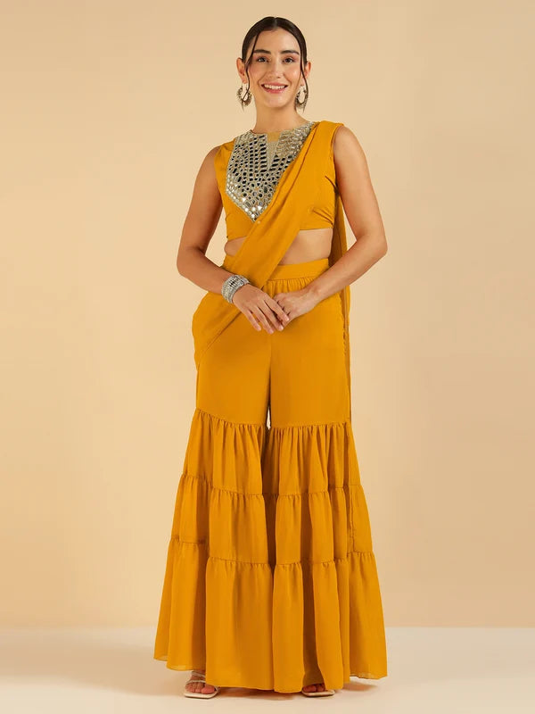 Mustard Embroidered Patch Crop Top With Tiered Palazzo Saree Fusion Co-Ord Set