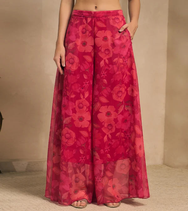 Magenta Floral Print Chiffon Kurta & Palazzo With Dupatta Indo Western Women 3 Piece Set