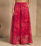 Magenta Floral Print Chiffon Kurta & Palazzo With Dupatta Indo Western Women 3 Piece Set
