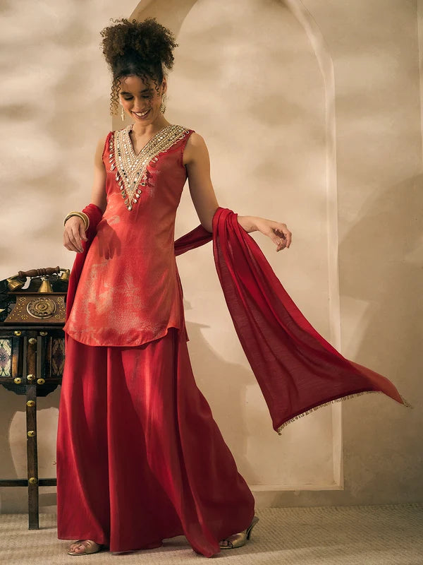 Red Lurex V- Neck Embroidered Neck Patch Kurta With Palazzo With Dupatta Indo Western 3 Piece Women Set