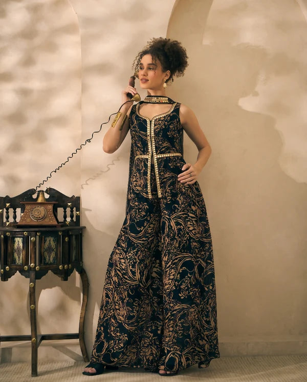 Black Abstract Printed Chiffon Corset Top & Palazzo With Dupatta Women 3 Piece Set