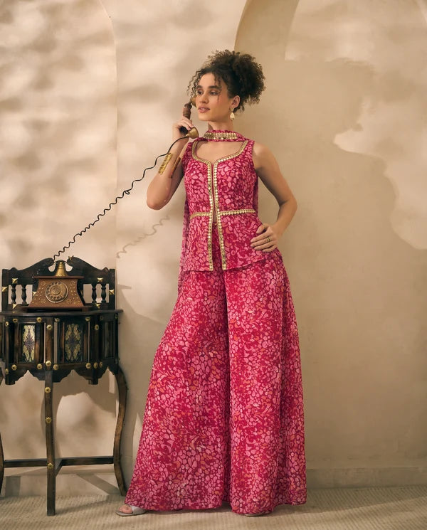 Magenta Floral Print Chiffon Corset Top & Palazzo With Dupatta Women 3 Piece Set