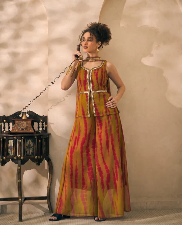 Olive Tie Dye Chiffon Corset Top & Palazzo With Dupatta Women 3 Piece Set