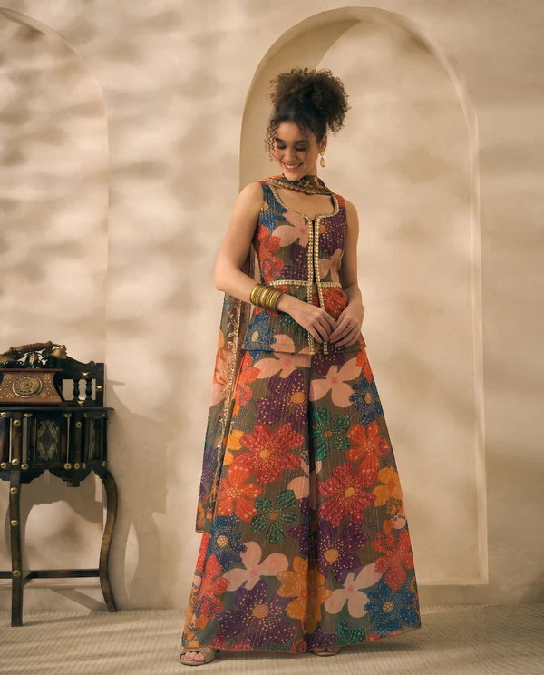 Multicolor Floral Printed Chiffon Corset Top & Palazzo With Dupatta Women 3 Piece Set