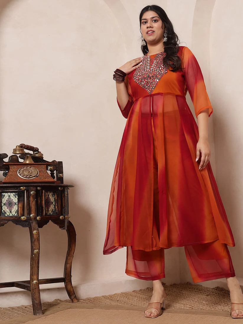 Multi Colour Embroidered Tunic & Palazzo Women Plus Size Fusion Co-Ord Set