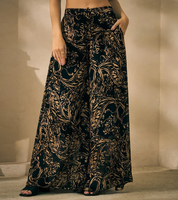 Black Abstract Printed Chiffon Corset Top & Palazzo With Dupatta Women 3 Piece Set