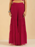 Fuchsia Embroidered Patch Crop Top With Tiered Palazzo Saree Fusion Women Co-Ord Set