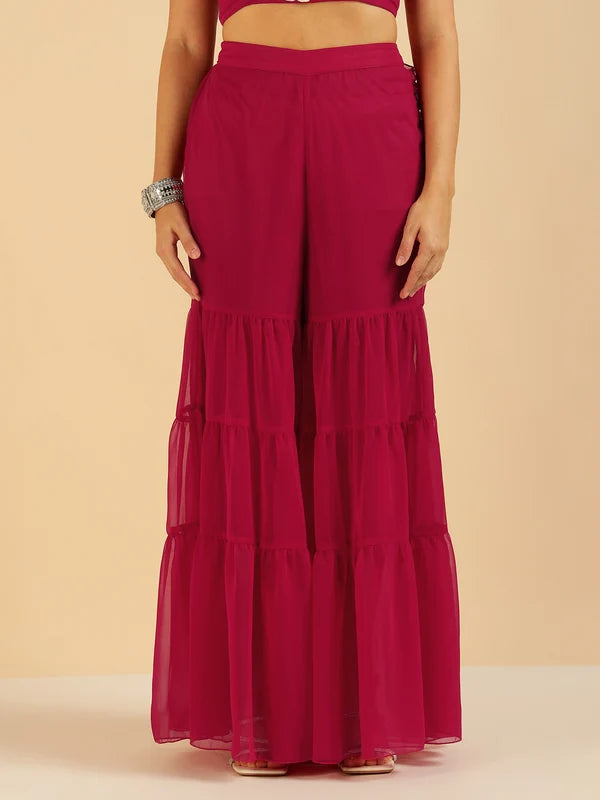 Fuchsia Embroidered Patch Crop Top With Tiered Palazzo Saree Fusion Women Co-Ord Set