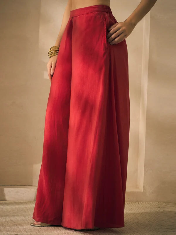 Red Lurex V- Neck Embroidered Neck Patch Kurta With Palazzo With Dupatta Indo Western 3 Piece Women Set