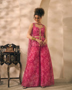 Magenta Floral Print Chiffon Corset Top & Palazzo With Dupatta Women 3 Piece Set
