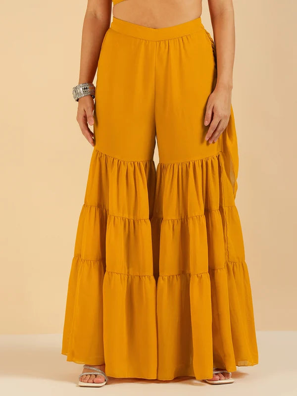 Mustard Embroidered Patch Crop Top With Tiered Palazzo Saree Fusion Co-Ord Set